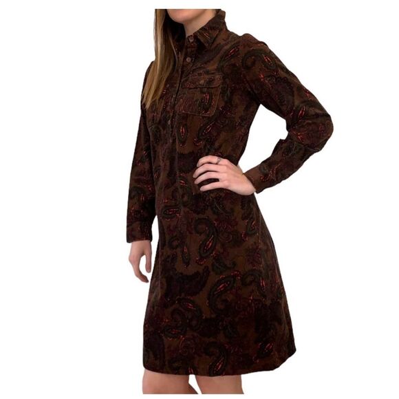 Chadwick’s brown corduroy paisley button up shirt dress sz 12 - Picture 1 of 8